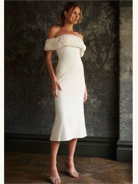 Meshki White Strapless Faux-Fur Trim Midi Dress
